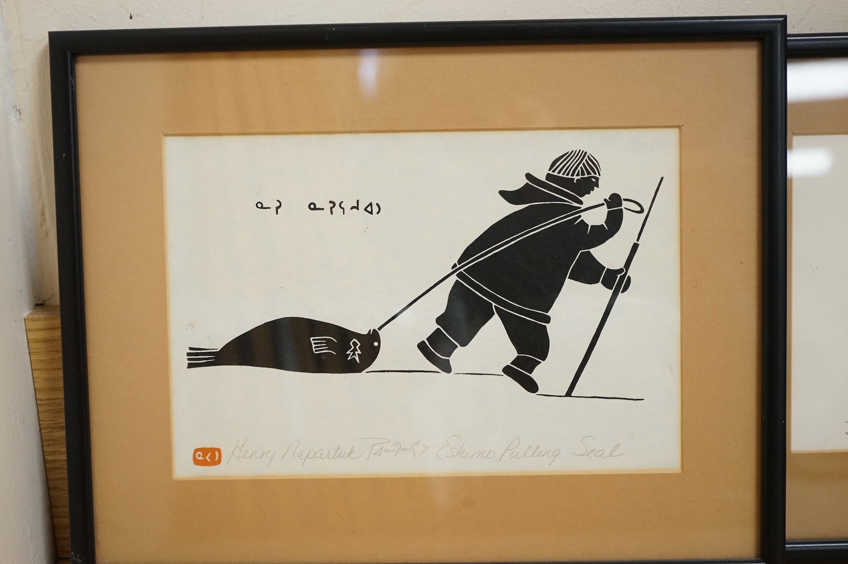Benjamin Chee Chee (Canadian, 1944-1977), print, 'Good Morning' and Henry Napartuk, (Canadian/Inuit, 1932-1985), stone cut, Eskimo Pulling a Seal', 14 x 21cm